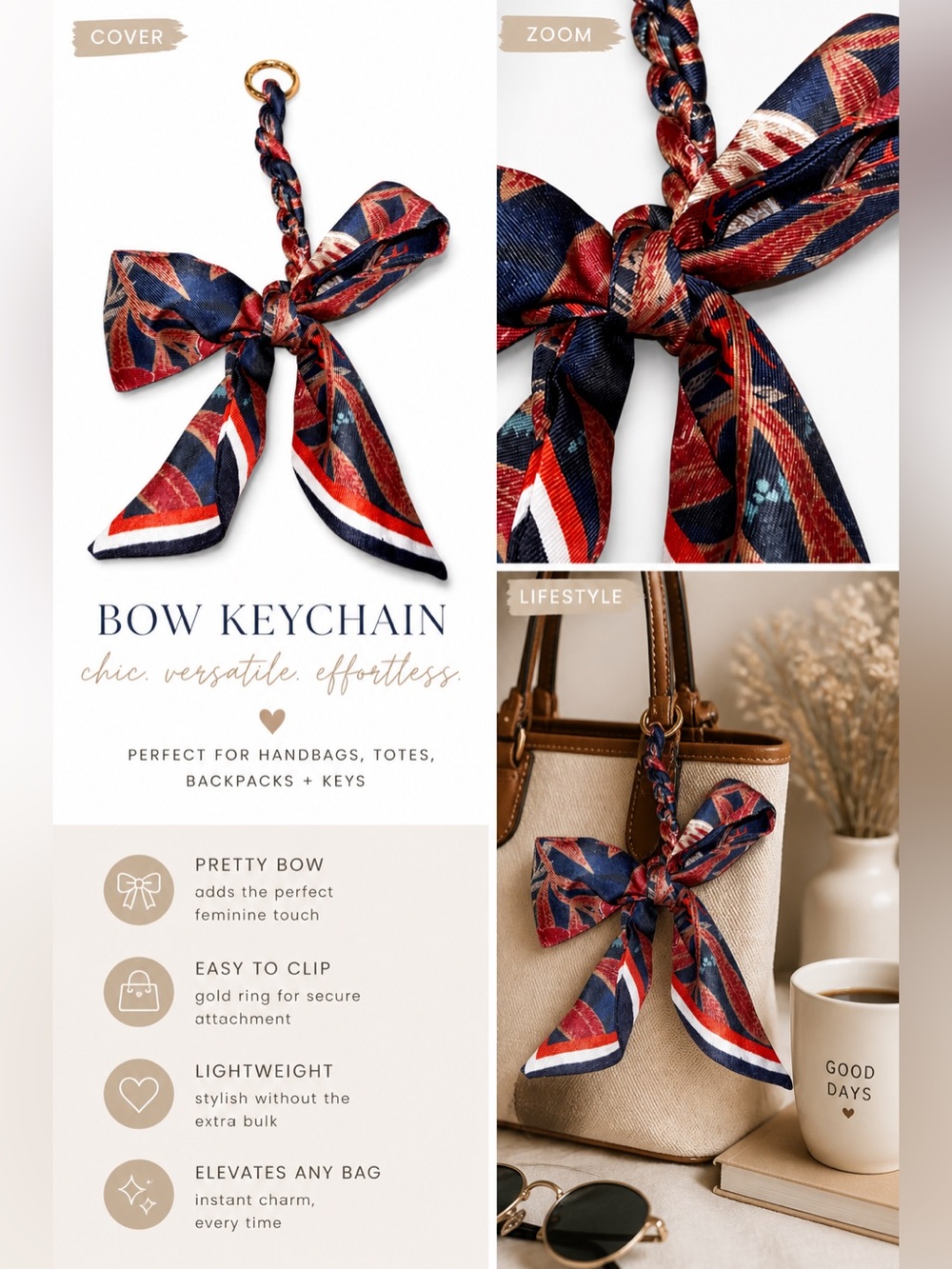 Boho Bow Keychain Scarf Ribbon Chic Bag Charm Wristlet Navy Red Gold